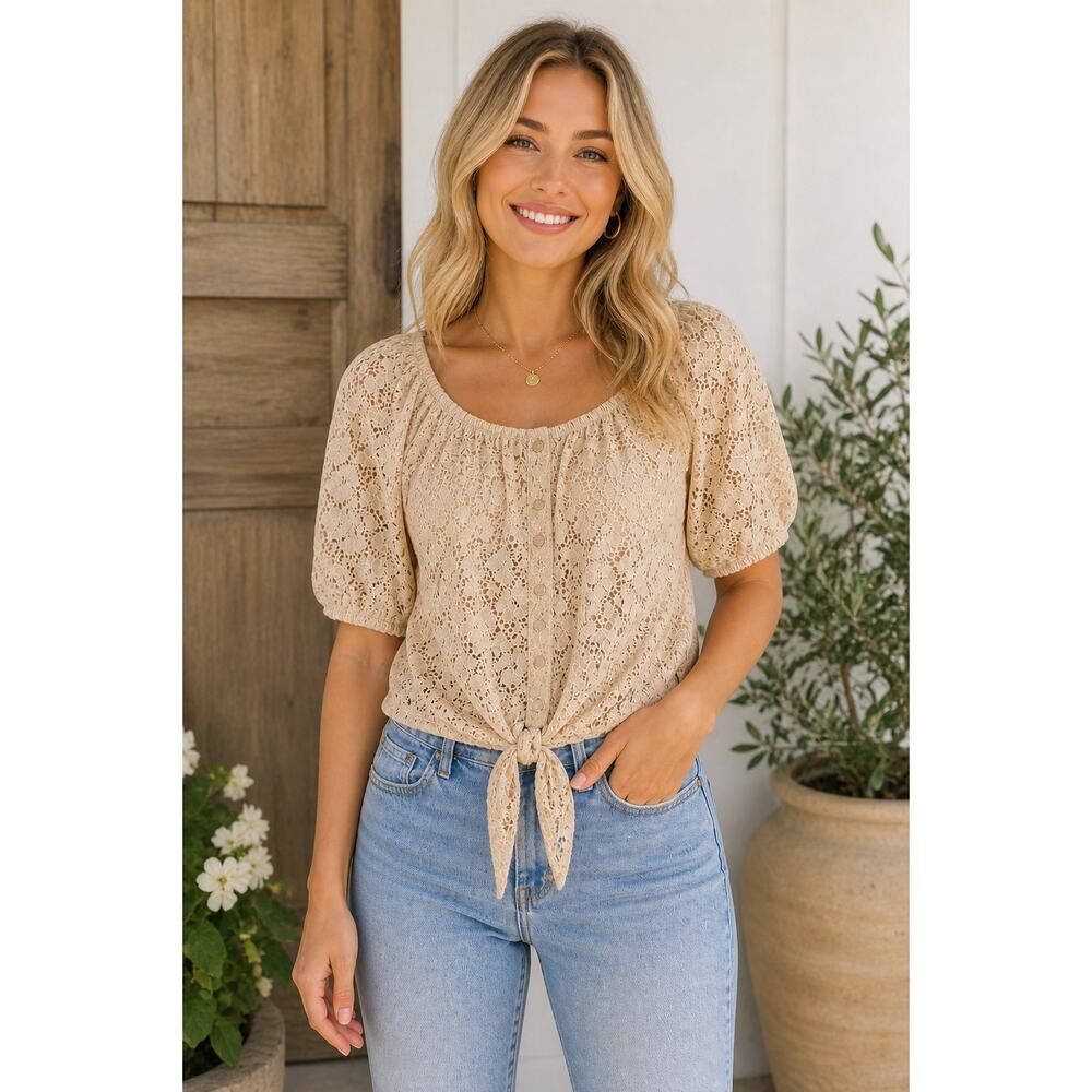 French Laundry Cream Lace Blouse Size S Boho Tie Front Button Detail